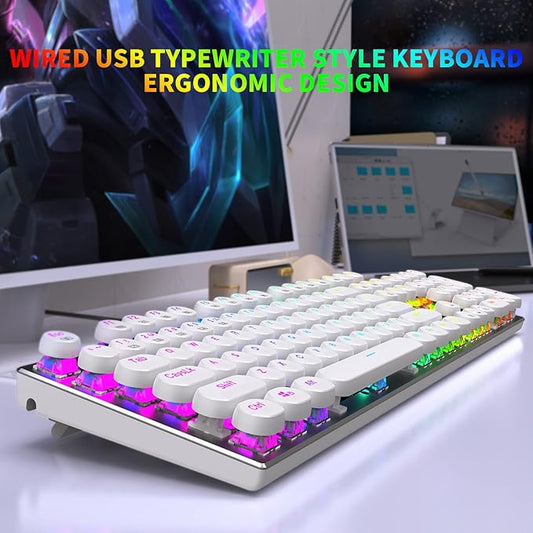 HUO JI E-Yooso Z-88 Wired Typewriter Style Mechanical Gaming Keyboard, Programmable RGB Backlit, Blue Switches - Clicky, USB-C Cable, Metal Panel, 104 Double-Shot Keycaps for PC, White
