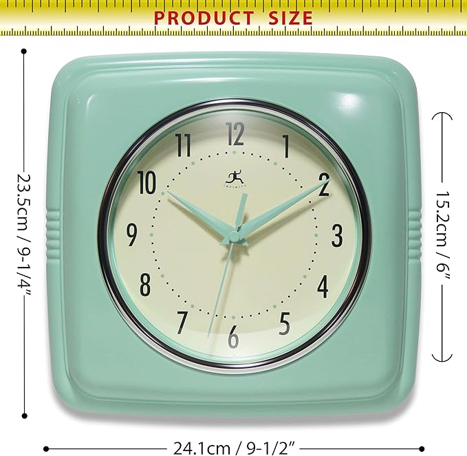 Infinity Instruments Square Retro Wall Clock, Pastel Green, 9.25"