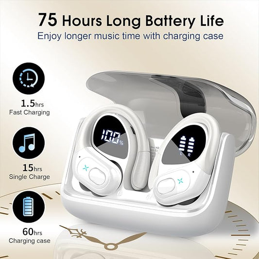 Wireless Earbuds 75hrs Bluetooth 5.4 Headphone Sport, 2025 Bluetooth Earbuds Stereo Deep Bass Over Ear Bud with Earhooks, ENC Noise Cancelling Mic, IPX7 Waterproof Earphone White