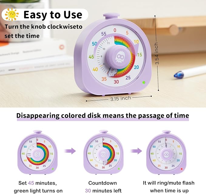 Visual Timer β Rainbow Magnetic Timer for Classroom, 60min/12h Rechargeable Countdown Timers, Silent Pomodoro Timers for Kids & Adults with ADHD