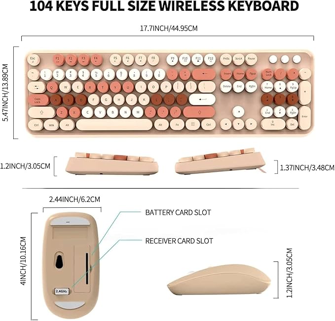 Wireless Keyboard Mouse Combo, 2.4GHz Typewriter Keyboard Wireless with 104 Cute Colorful Retro Round Keys, Letton Full Size Wireless Keyboard Mouse with 3 DPI for Computer PC Laptop-Brown
