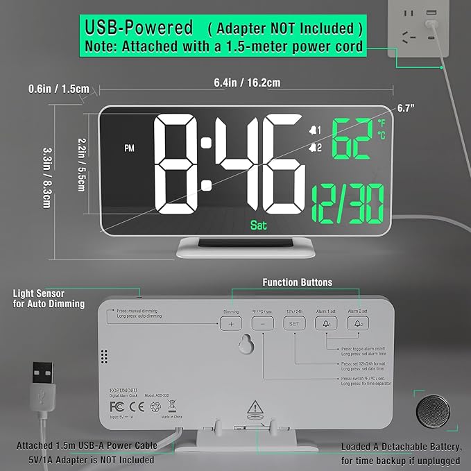 KOSUMOSU Alarm Clock for Bedroom, 6.7" Led Desk Digital Clock,Mirror Clock,Dual Alarm Clock for Living Room with Seconds,Date,Week,12/24h,Dimming,Temp
