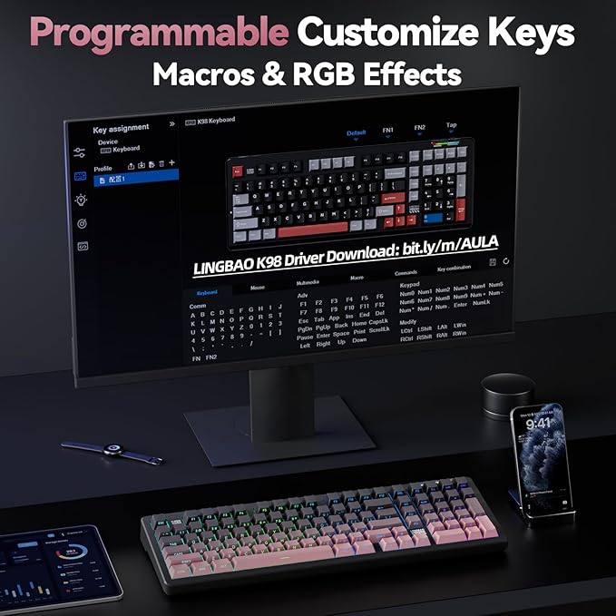 LINGBAO K98 Wireless Mechanical Gaming Keyboard, Tri-Mode BT5.0/2.4GHz/USB-C, Creamy Keyboard with Number Pad, Gasket Hot Swappable Linear Switches RGB Backlit Keyboards for Win/Mac/PC, (Black Pink)