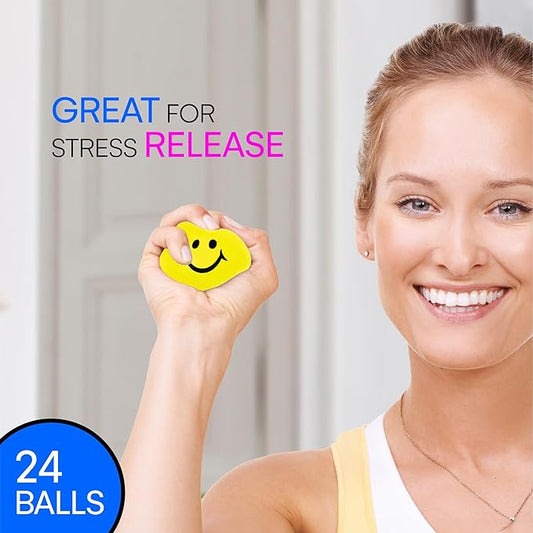 Neliblu 24 Pack Stress Balls for Kids and Adults - 2" Stress Ball in Bulk - Neon Yellow Squishy Balls with Smiley Faces - Fun Party Favors for Classroom, Goodie Bags, and Fidget Toys for Kids