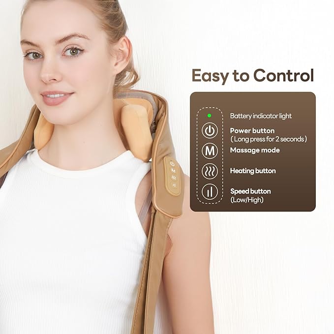 Neck Massager for Pain Relief Deep Tissue with Heat -Cordless Shiatsu 6D Kneading Massage for Neck,Shoulder,Gifts for Mom/Dad(PU-Yellow Brown)