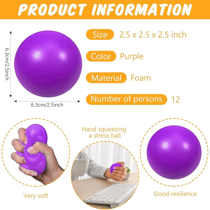 12 Pcs Purple Foam Stress Ball Squeeze Stress Relief Balls for Kids and Adults Hand Exercise Sensory Relief Toys for Anxiety ADHD Autism (Purple)