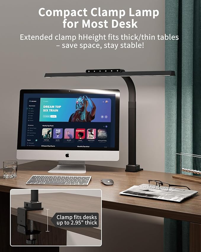 LED Desk Lamps for Home Office, 24W Bright Eye-Caring Light with Clamp, Stepless Dimming Adjustable Flexible Gooseneck Clip on Desk Office Lamp with Adapter for Reading, Study, Workbench,Black