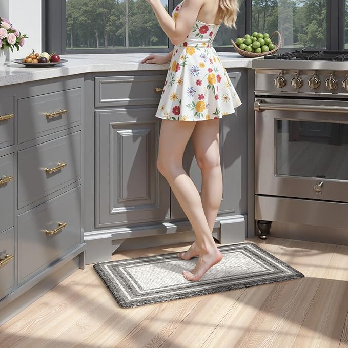 KIMODE Anti Fatigue Kitchen Mat, 17.3"x29" Cushioned Kitchen Rug, Non Slip Waterproof Kitchen Floor Mat, Farmhouse Comfort Standing Mat for Laundry, Office, Sink, Desk Grey
