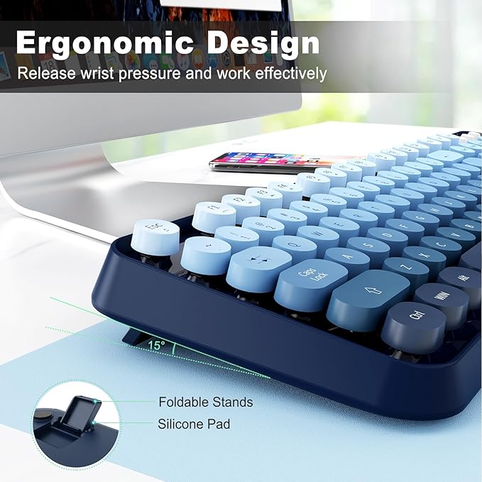 Wireless Keyboard Mouse Combo,104 Round Keys Cute Colorful Keyboard with Retro Typewriter Style,Letton Full Size Keyboard with Number Pad&Mouse with 3 DPI for PC Mac Laptop Computer Windows-Blue