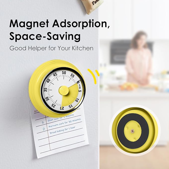Visual Timer, Teeloray 60-Minute Countdown Timer, Kitchen Timer with Magnetic Base, Mechanical Clockwork, Ringer Alert, Time Management Tool for Children and Adults, Study/Work/Cooking (Yellow)