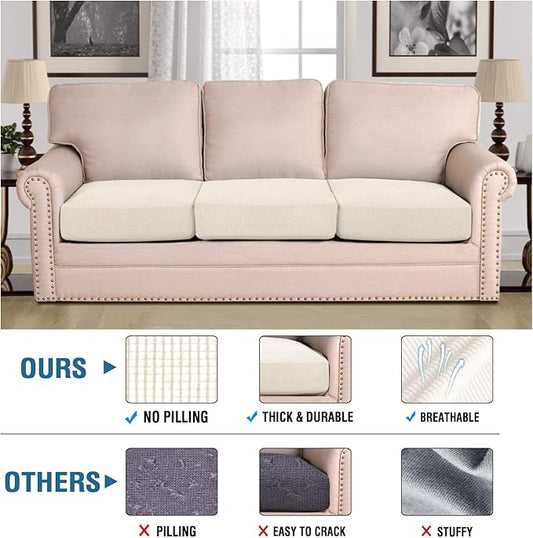 H.VERSAILTEX Super Stretch Individual Seat Cushion Cover Sofa Covers Couch Cushion Covers Slipcover Sets Thick Jacquard Textured Twill Fabric (3 Piece Sofa Cushion Covers, Natural)