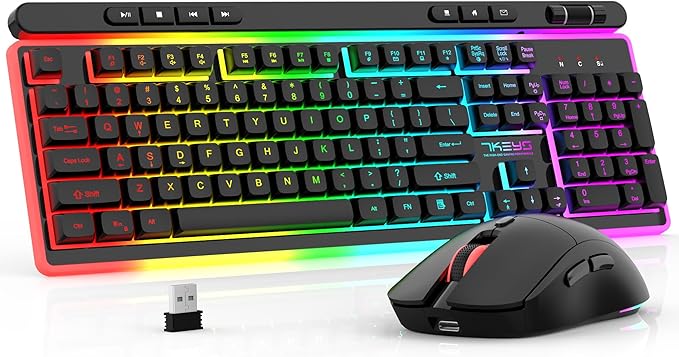 Wireless Keyboard and Mouse Combo, Gaming Keyboard Rechargeable Cool RGB Backlight, 7KEYS Full-Size Keyboard with Ergonomic, Light up Gaming Mouse 3200 DPI for PC Desk/Laptop/MAC