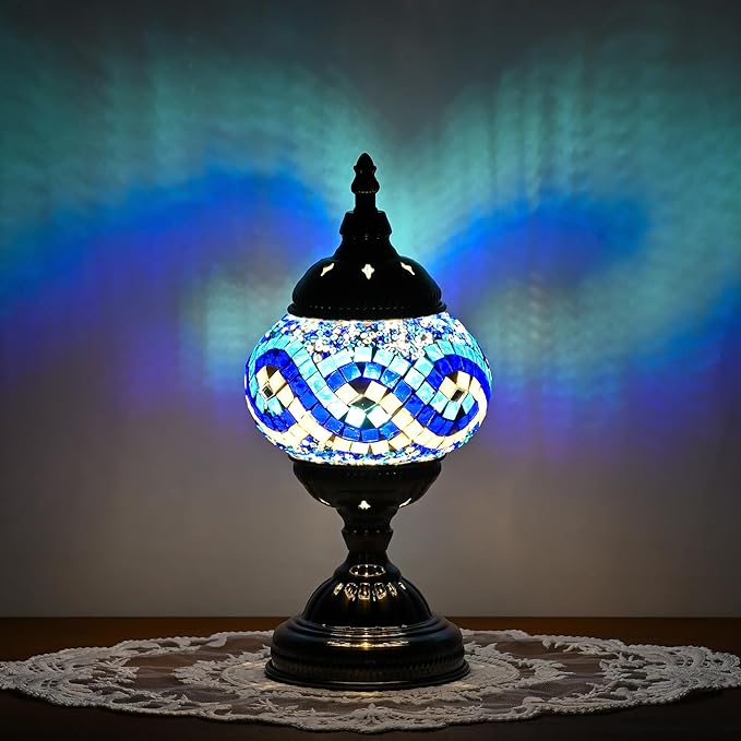 Turkish Moroccan Table Lamp Lantern with Handmade Mosaic Glass Lampshade Tiffany Style Bohemian Stained Glass Decorative Desk Lamps Bedside Night Lights for Bedroom (White Multiple Blues)
