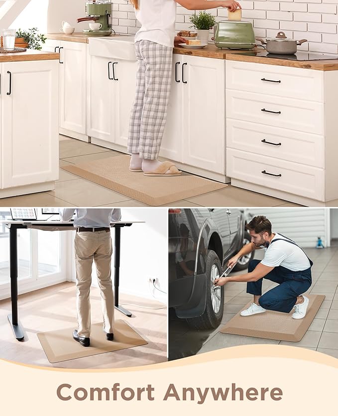 Ophanie Kitchen Mats for Floor, 3/4 Inch Thick Kitchen Rugs, Anti Fatigue Standing Cushioned Mat, Waterproof,Comfort Ergonomic Mat for Office, Home, Sink, 20'' x 48'' Beige Non-Slip Bottom
