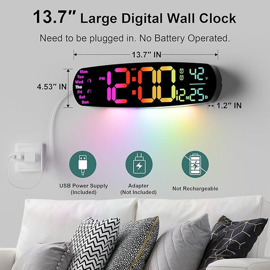 Large Digital Wall Clock, Desk Clock with Date Temperature, 11 RGB Colors, 10 Night Lights, Dual Alarm, Auto Dimming, Timer, 13.7" Digital Clock for Classroom, Bedroom, Living Room