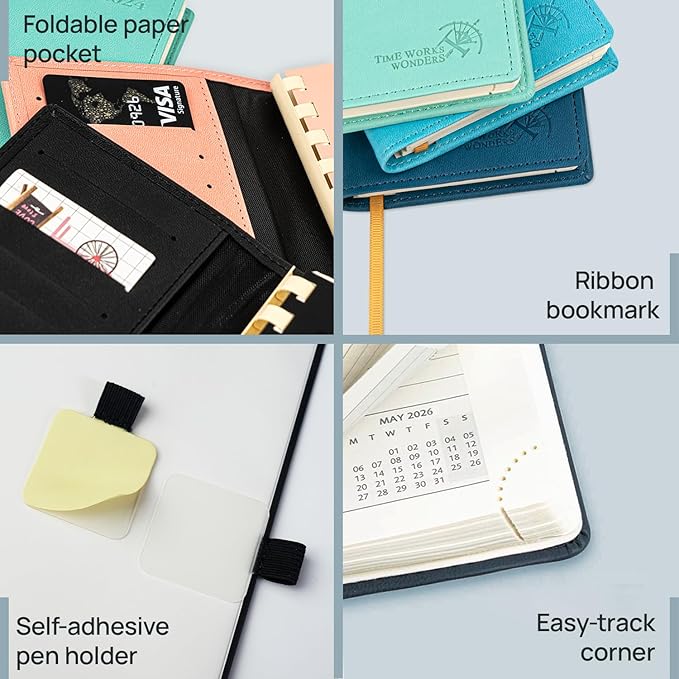 POPRUN Pocket Calendar 2026 (Slim Size-3.5'' x 6.5''), 12 Months (Jan. - Dec. 2026) Small Planner Weekly and Monthly for Purse with Pen Holder, Storage Pocket, Vegan Leather Hardcover - Black