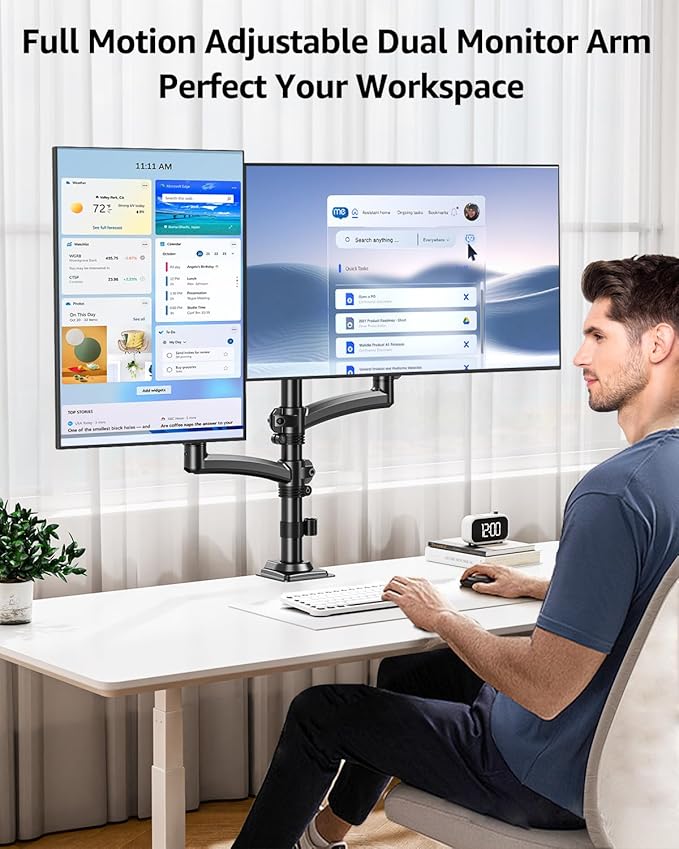 Dual Monitor Stand Holds 4.4-22 lbs Each, Dual Monitor Arm for 2 Monitors, Height Adjustable Computer Desk Mount for Max 32 inch Screens, VESA Mount with C-clamp & Grommet Base, Freelift Black