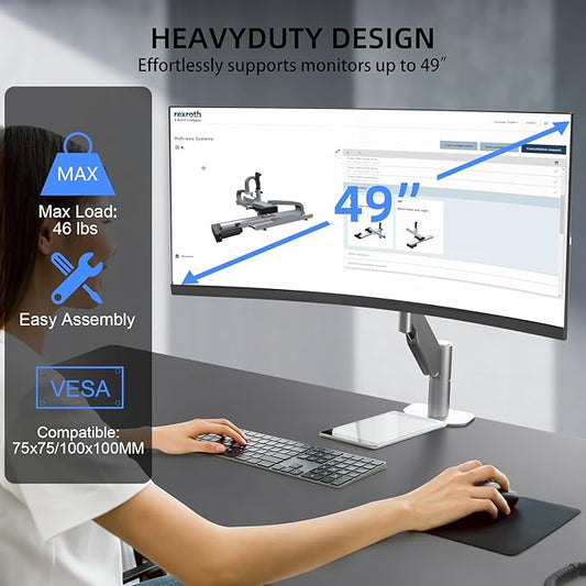 Suptek Ultrawide Monitor Arm Mount for 17 to 49 Inch Heavy Duty Curved Screen,Holds 46.2 lbs,Adjustable Gas Spring Monitor Arm Desk Mount Stand,75/100 Vesa Mount,Silver(MD71LS)