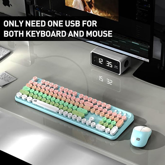 Keyboard and Mouse Wireless,2.4Ghz Retro Typewriter Style Round Keycap,Full Size Wireless Keyboard Mouse Combo,Cute Cordless Keyboard Mouse Set for PC Laptop Desktop Computer-Green White Pink Colorful