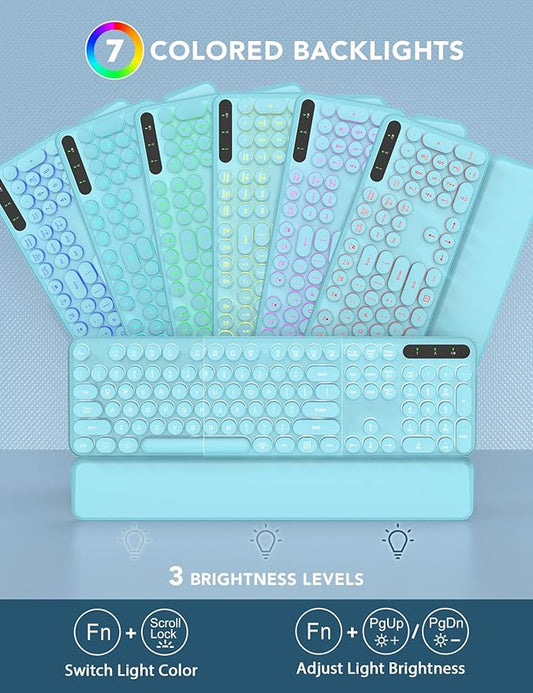 Wireless Keyboard and Mouse Backlit - Typewriter Keyboard with Retro Round Keycaps, Detachable Wrist Rest, Light Up Letters, 2.4G Rechargeable Combo for Mac, Windows, PC, Laptop, Trueque (Aqua Blue)
