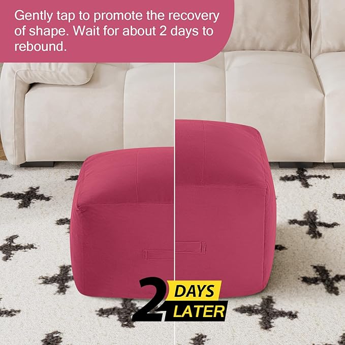 MeMoreCool Square Stuffed Pouf Ottoman Foot Rest, Floor Pouf Foot Stool with Foam Chunk Filling, Soft Stuffed Ottoman Footrest for Living Room, Magenta