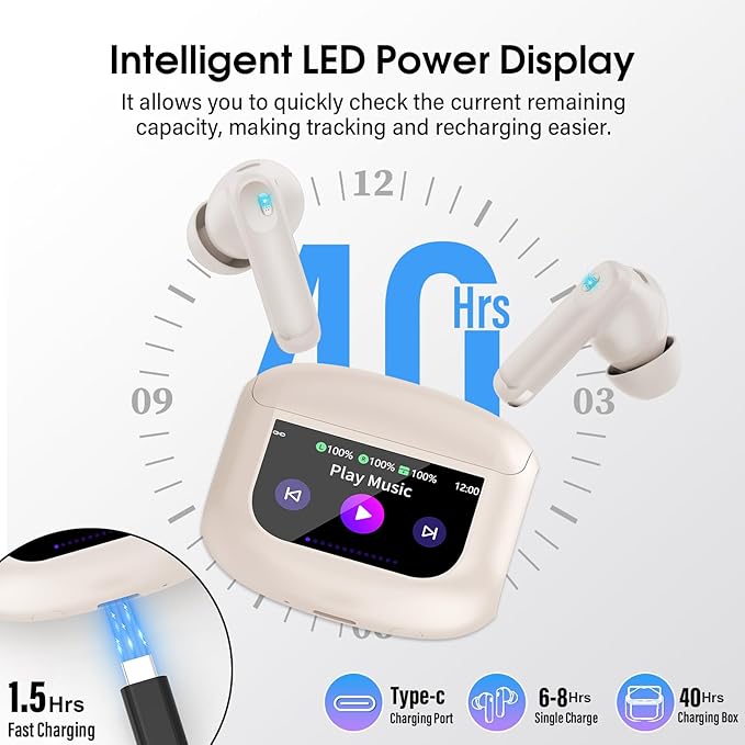 Wireless Earbuds, Bluetooth 5.4 Headphones Multi-Function Touch Screen with 5 EQ Modes, 48H Ear Buds Bass Stereo with ANC Noise Cancelling/Transparency Mode, IPX7 Bluetooth Earbuds, Off White