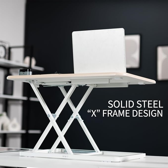 VIVO Ultra-Slim Single Top Height Adjustable Standing Desk Riser, Compact Sit Stand Desktop Converter for Monitor or Laptop, Light Wood, DESK-V001JF