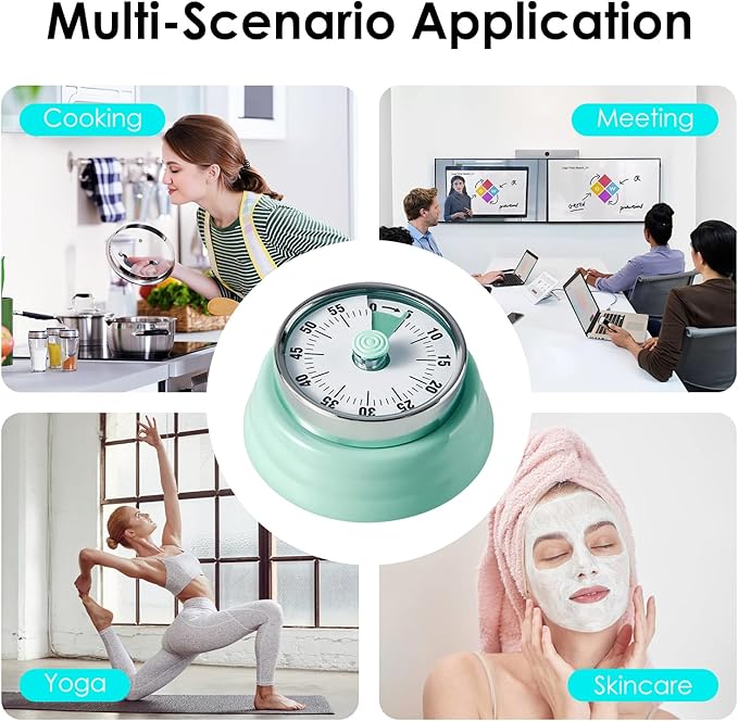 Visual Timer, Teeloray 60-Minute Countdown Timer, Kitchen Timer with Magnetic Base, Mechanical Clockwork, Ringer Alert, Time Management Tool for Children and Adults, Study/Work/Cooking (Mint Green)