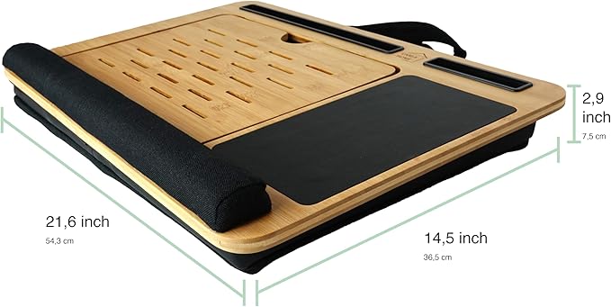 Bamboo Laptop Lap Desk with Cushion, Angle Adjustable Laptop Computer Stand Bed Desk, Portable Lap Desk w/Handles, Tablet & Phone Holder, Mouse Pad & Shields Heat (Black Sleeve Case Bag)