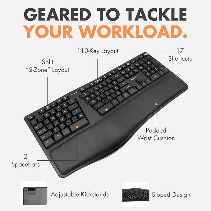 X9 Wireless Ergonomic Keyboard - Split Keyboard with Cushioned Wrist Rest - Type Comfortably Longer - 110 Key Curved Ergo for Laptop, Desktop Computer PC, Surface, Chromebook, Notebook