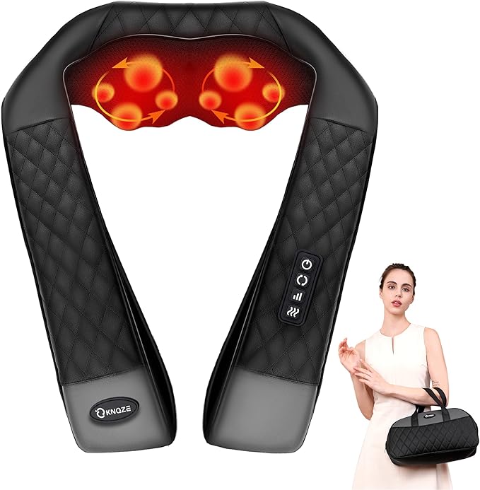 Shiatsu Neck and Shoulder Massager with Heat, Electric Deep Kneading Massage for Back, Shoulder, Leg, Body Muscle Pain Relief, Gift for Women Men Mom Dad, NOT Cordless, (with Leather Handbag)