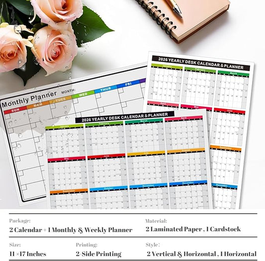 2026 Full Desk Calendar- 11 x 17 Inches,2 Pack Wall/ Desk Calendar 12 Moth of 2 Sided Vertical and Horizontal Reversible , 1 Pack Dry/Wet Erase Monthly and Weekly Planner for Office, School, Home (White)