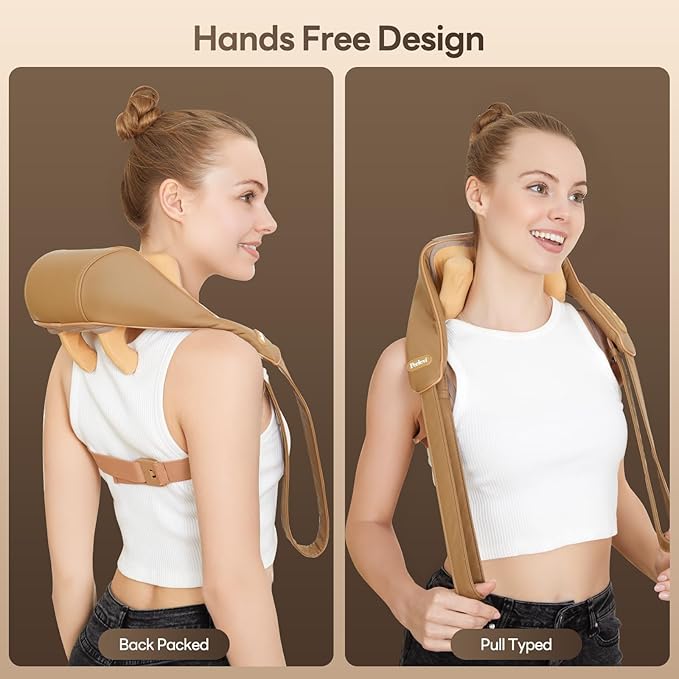 Neck Massager for Pain Relief Deep Tissue with Heat -Cordless Shiatsu 6D Kneading Massage for Neck,Shoulder,Gifts for Mom/Dad(PU-Yellow Brown)