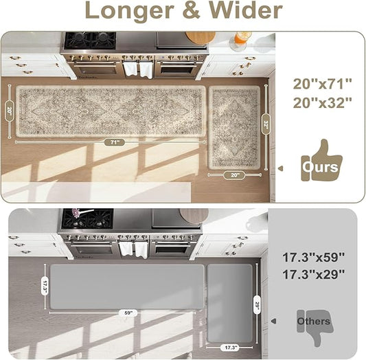 KIMODE Anti Fatigue Kitchen Mats 20"x71"+20"x32", Boho Distressed Kitchen Rugs Sets of 2, Non Slip Waterproof Kitchen Floor Mats, Memory Foam Kitchen Mat for Sink Laundry Desk Bedroom Khaki
