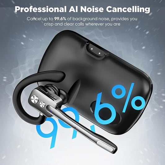 Bluetooth Headset, Wireless Bluetooth Earpiece with Dual-Mic & Noise Canceling, Single Ear Headset with Mute for Business, Remote Work, V5.3 Hand-Free Headset for iOS Android Cell Phone (Gunmetal)
