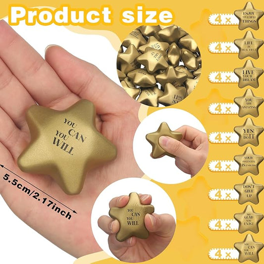 Jenaai 36 Pcs 2.2 Inch Star Stress Balls Motivational Stress Relief Balls Bulk Quote Relief Mini Foam Stars for Students Teens Adults Relieve Anxiety Party Bag Fillers