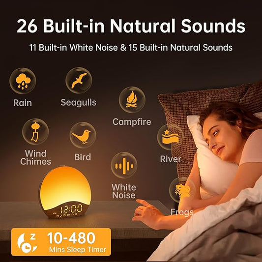Sunrise Alarm Clock White Noise Sound Machine with 26 Soothing Sounds, 17 NightLights, Bluetooth Speaker, Wake Up Light Alarm Clock for Bedrooms, Heavy Sleepers, Ideal Gift for Baby, Kids, Seniors