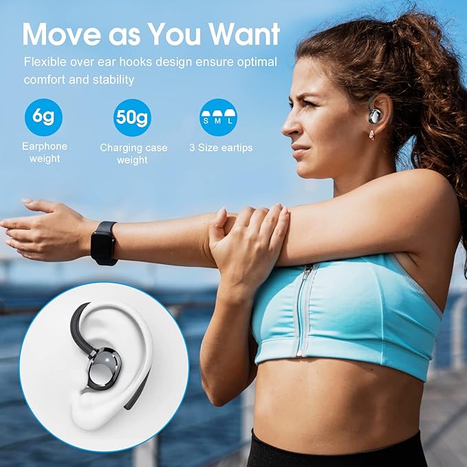 Wireless Earbuds, 2023 New Ultralight Sport Bluetooth 5.3 Headphones In Ear with LED Display, Built-in Mic Earphones, IPX7 Waterproof Wireless Headphones with Earhooks for Gym Workout (Black)
