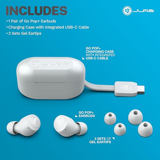 JLab Go Air Pop+ True Wireless Earbuds, in Ear Headphones, Bluetooth Earphones, 35H Playtime Ear Buds, Bluetooth Earbuds with Microphone, USB-C Charging Case, Dual Connect, EQ3 Sound, Cloud White