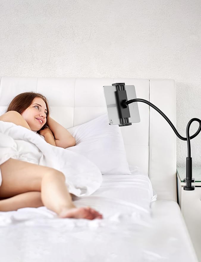 Flexible Gooseneck Tablet Holder, 360° Adjustable Phone Mount with Sturdy Clamp for Desk/Bed/Kitchen, Compatible with iPad Air Pro Mini iPhone/Samsung Galaxy Tabs/4.7~12.9"
