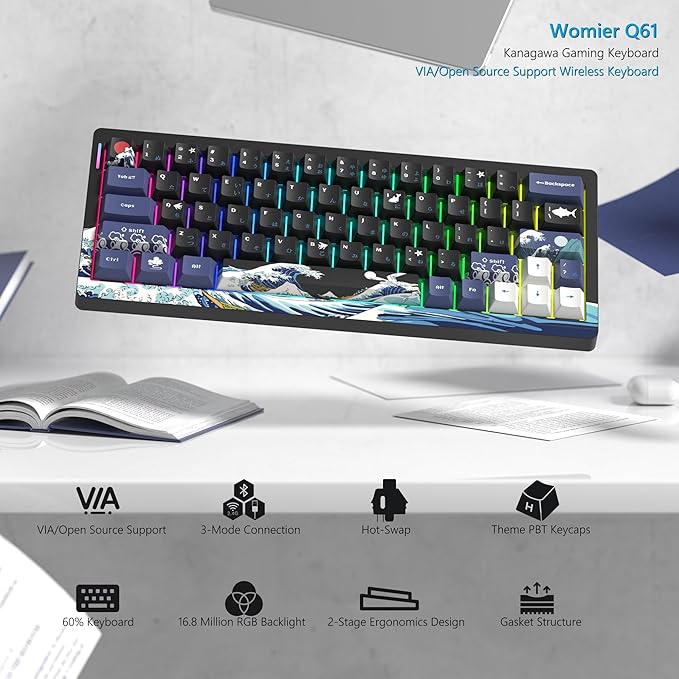 Womier 60% Percent Keyboard Wireless with QMK/VIA, Gaming Keyboard Black, Creamy Mechanical Key Board, RGB Custom Hot Swappable with PBT Keycaps for Windows & Mac-POM Linear Switch (Q61-Kanagawa)