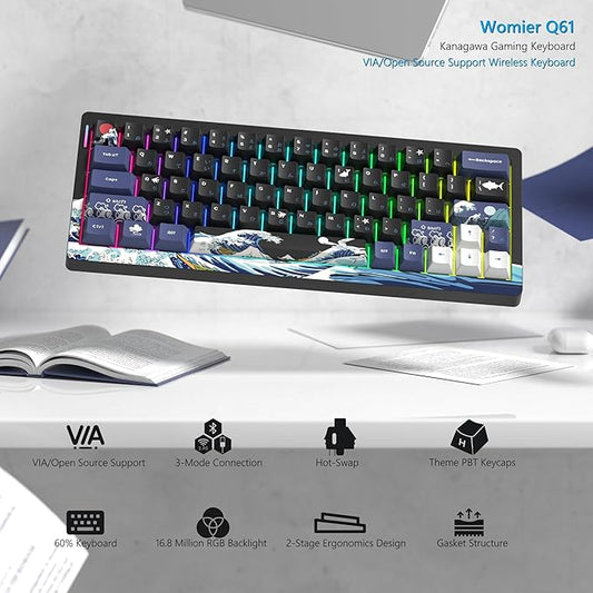 Womier 60% Percent Keyboard Wireless with QMK/VIA, Gaming Keyboard Black, Creamy Mechanical Key Board, RGB Custom Hot Swappable with PBT Keycaps for Windows & Mac-POM Linear Switch (Q61-Kanagawa)