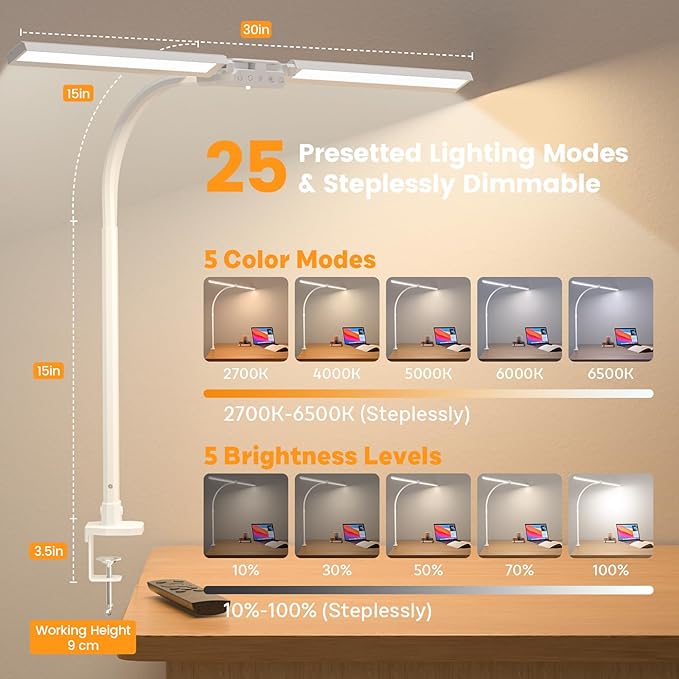 Upgraded LED Desk Lamp for Home Office with RGB, Rotatable Computer Desk Light with Remote, Eye Caring Table Lamp with Clamp, Dimmable Dual Head Desk Lighting for Desktop, 22W, White