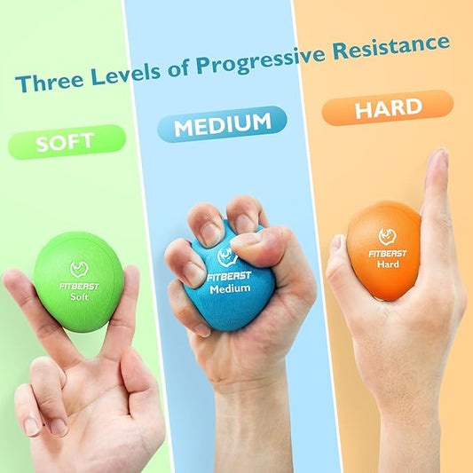 FitBeast Stress Balls for Adults, 6-Pack Hand Therapy Balls, Soft, Medium, Hard Tri-Density, Green, Orange, Blue