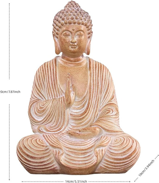 Zen Buddha Statue - Hand Carved Wood Grain Resin Meditation Decor, Feng Shui Ornament for Living Room Desk, Spiritual Space Zen Garden Decoration (Housewarming Gift/Mindfulness Aid, 7.87inch)
