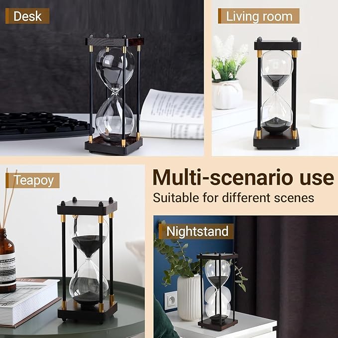 Hourglass Timer 60 Minutes Sand Timer for Gift 1 Hour Glass Sand Clock for Home/Desk/Office Decor and Classroom Timer (Black, 60 Minutes)