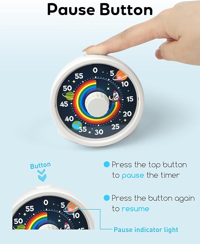 BellMan Visual Timer with Pause Button, 60 Minute Countdown Rainbow Timer for Kids and Adults with Silent Operation, Study and Meetings Time Management Tool, Design for Home, Office and Gift, Blue