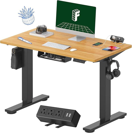 FLEXISPOT EN2 Whole-Piece Standing Desk with Clamp Power Strip, 40 x 24'' Electric Stand Up Height Adjustable Desk with Cable Management (Black Frame + 40" Maple Top, 2 Packages)