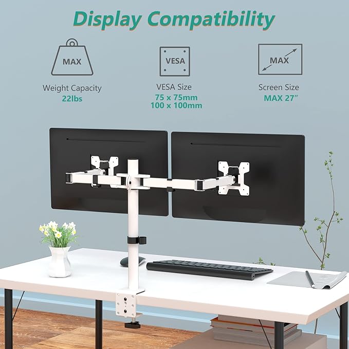 WALI Dual LCD Monitor Fully Adjustable Desk Mount Stand Fits 2 Screens up to 27 inch, 22 lbs. Weight Capacity per Arm (M002-W), White