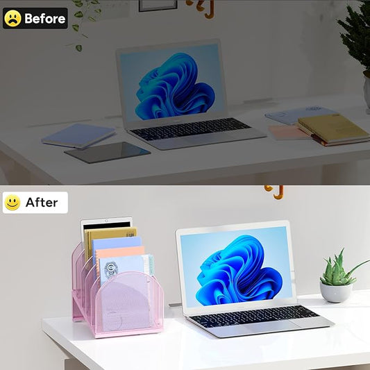 5-Section Desk File Organizer, Metal Mesh Folder Organizer for Documents, Mail & Office Papers (Pink)